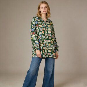 NWOT John Mark Print Tie Sleeve Button Front Shirt Blouse Top Green Size XL